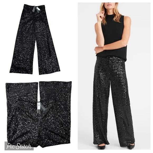 NWT Banana Republic Black Sequin Wide Leg Pants Sz Small Elastic Waist High Rise - Picture 1 of 16